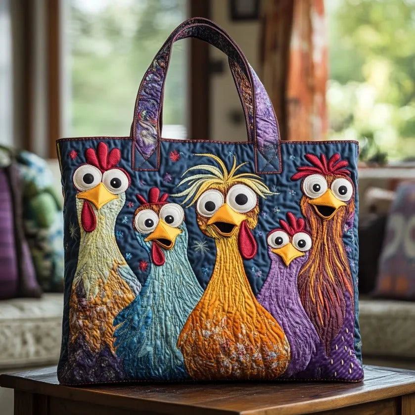 Bolso acolchado con estampado cinco gallinas coloridas