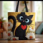Bolso acolchado con estampado gato negro con margaritas