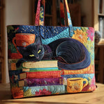 Bolso acolchado con estampado gato negro con libros y tazas