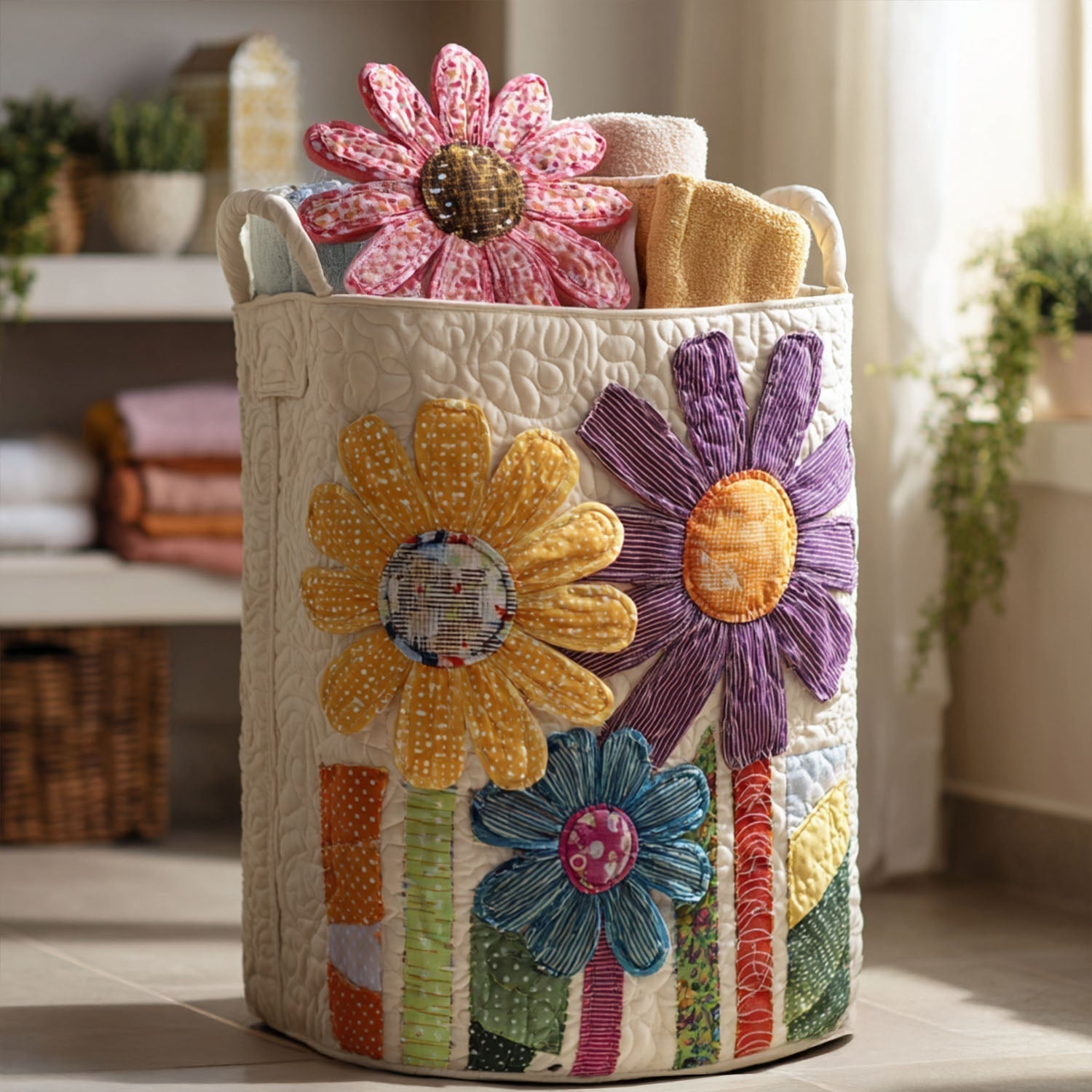Canasta de ropa acolchada con estampado patrón floral antiguo