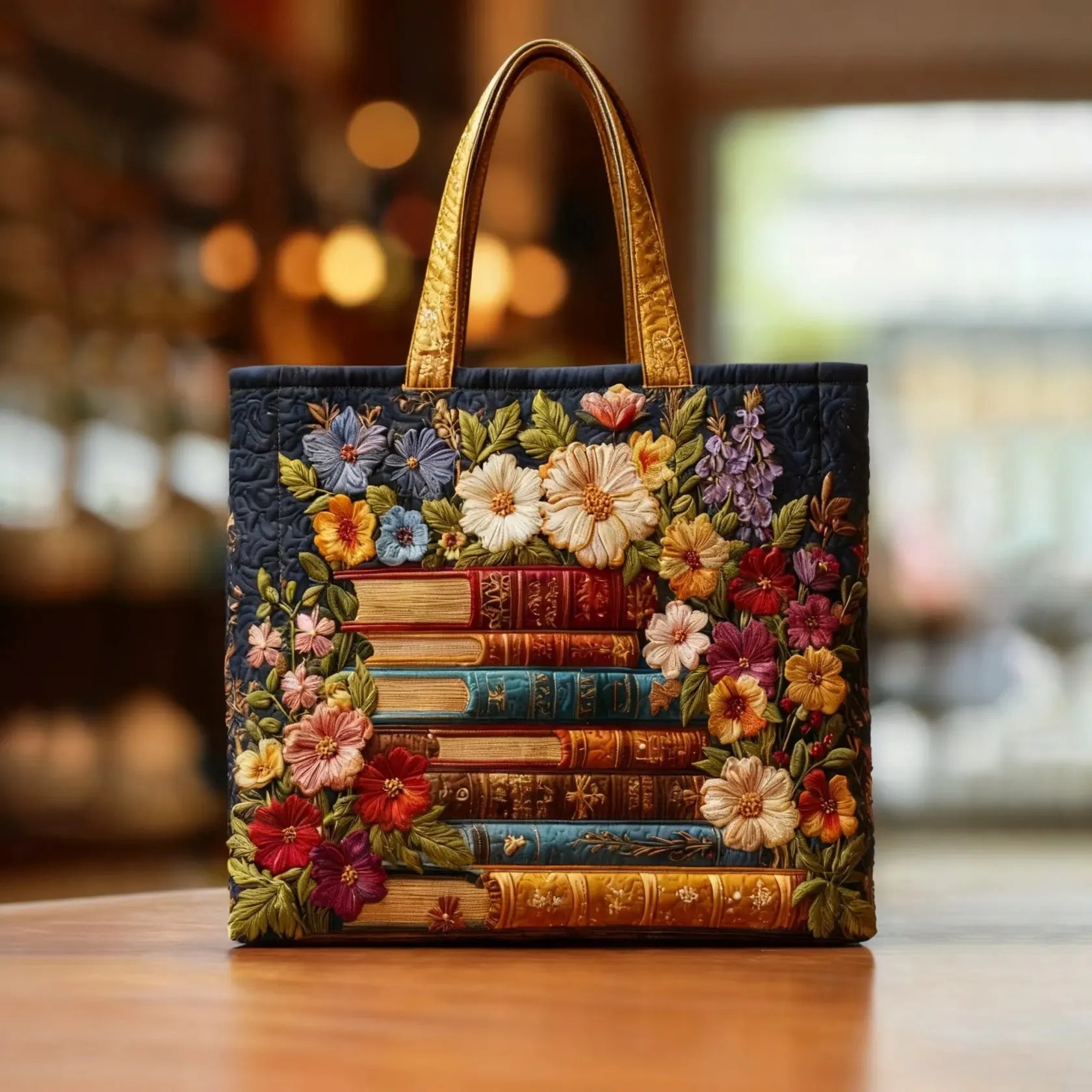 Bolso acolchado con estampado estampado de flores y libros
