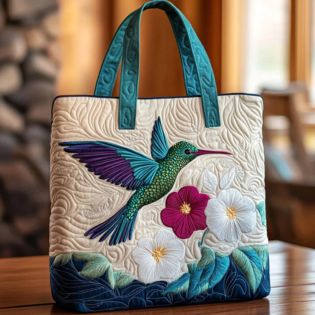 Bolso acolchado con estampado colibrí y flor blanca