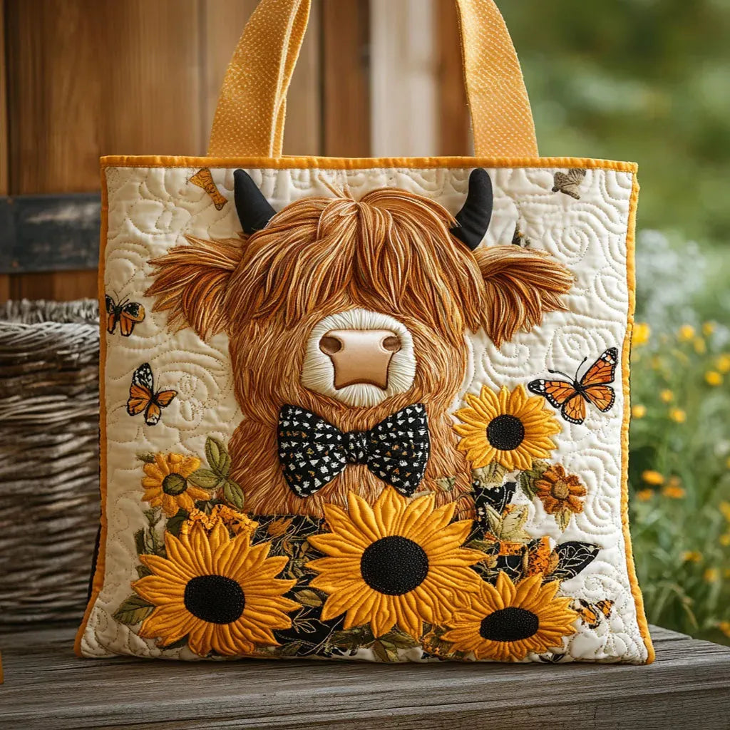 Bolso acolchado con estampado vacas highland con girasoles