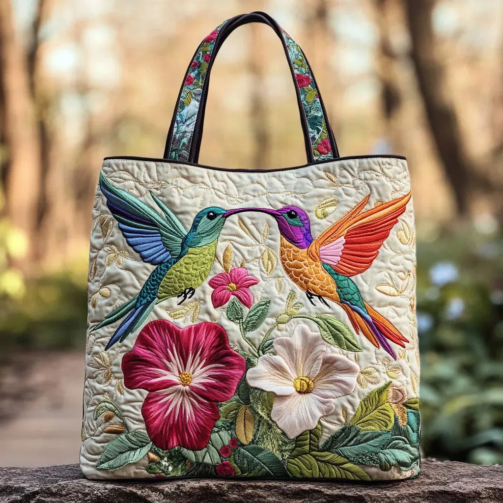 Bolso acolchado con estampado colibrí y flores blancas