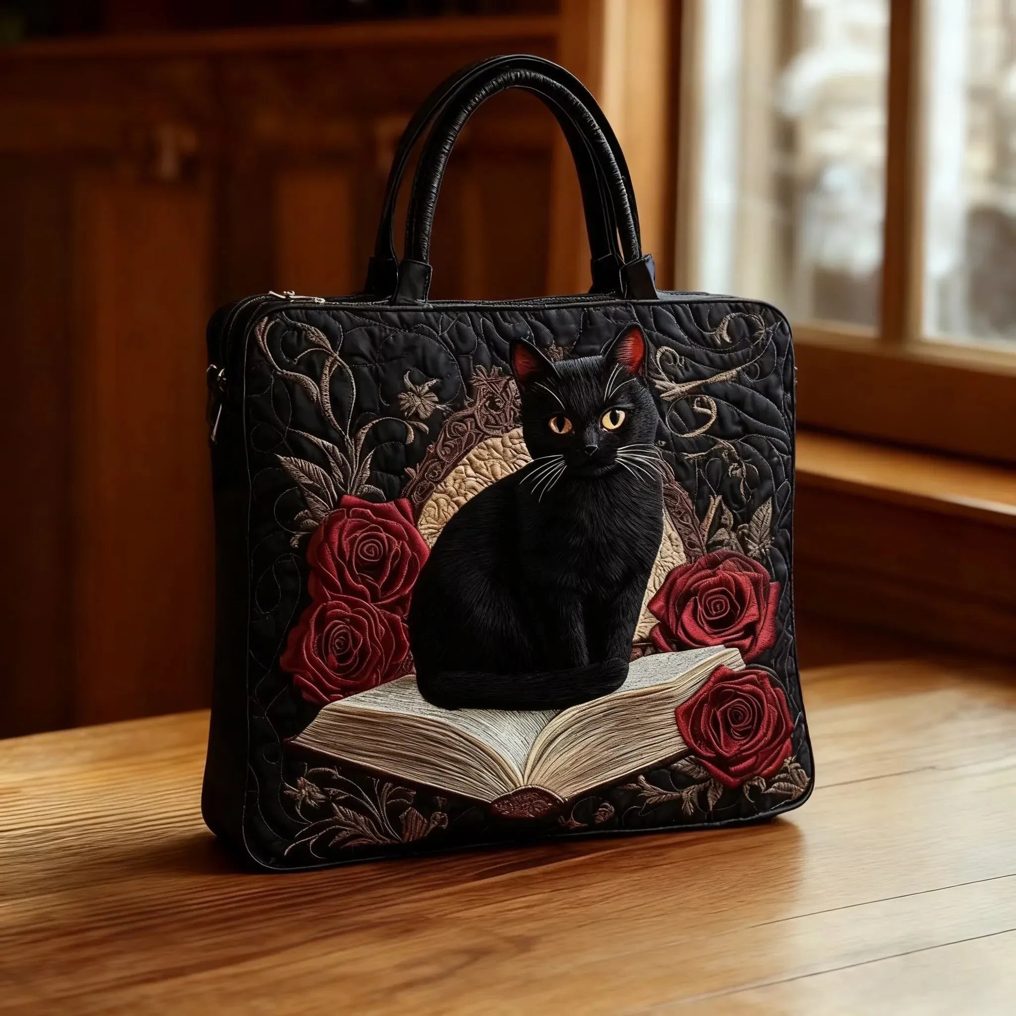 Bolso acolchado con estampado gato negro en la pila de libros
