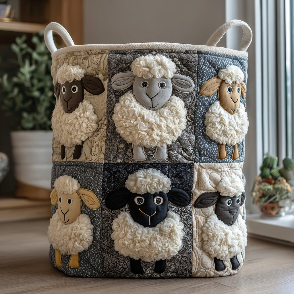 Canasta de ropa acolchada con estampado ovejas felices