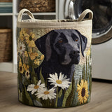 Canasta de ropa acolchada con estampado labrador negro en flores