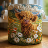 Canasta de ropa acolchada con estampado vaca de las highlands en flores