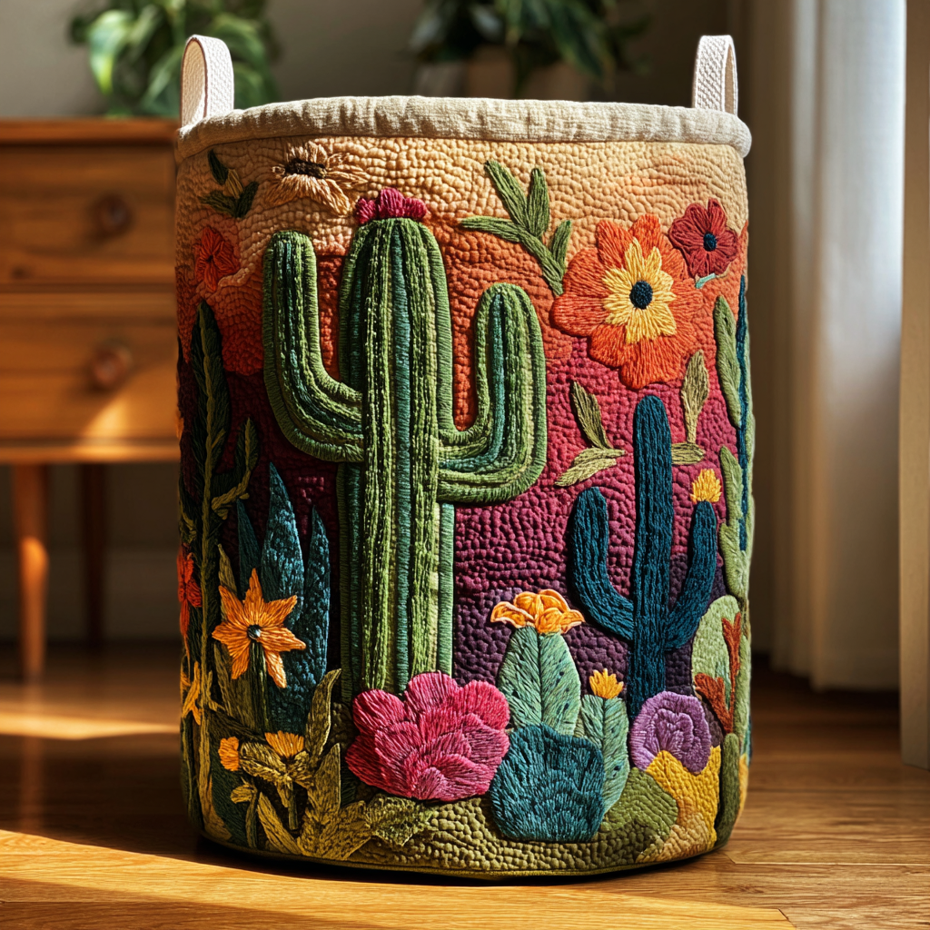 Canasta de ropa acolchada con estampado cactus en el horizonte