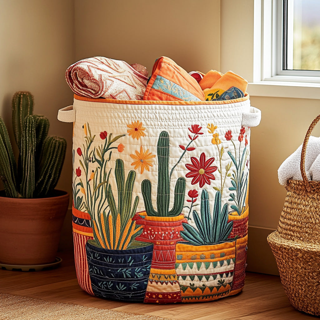 Canasta de ropa acolchada con estampado cactus al atardecer