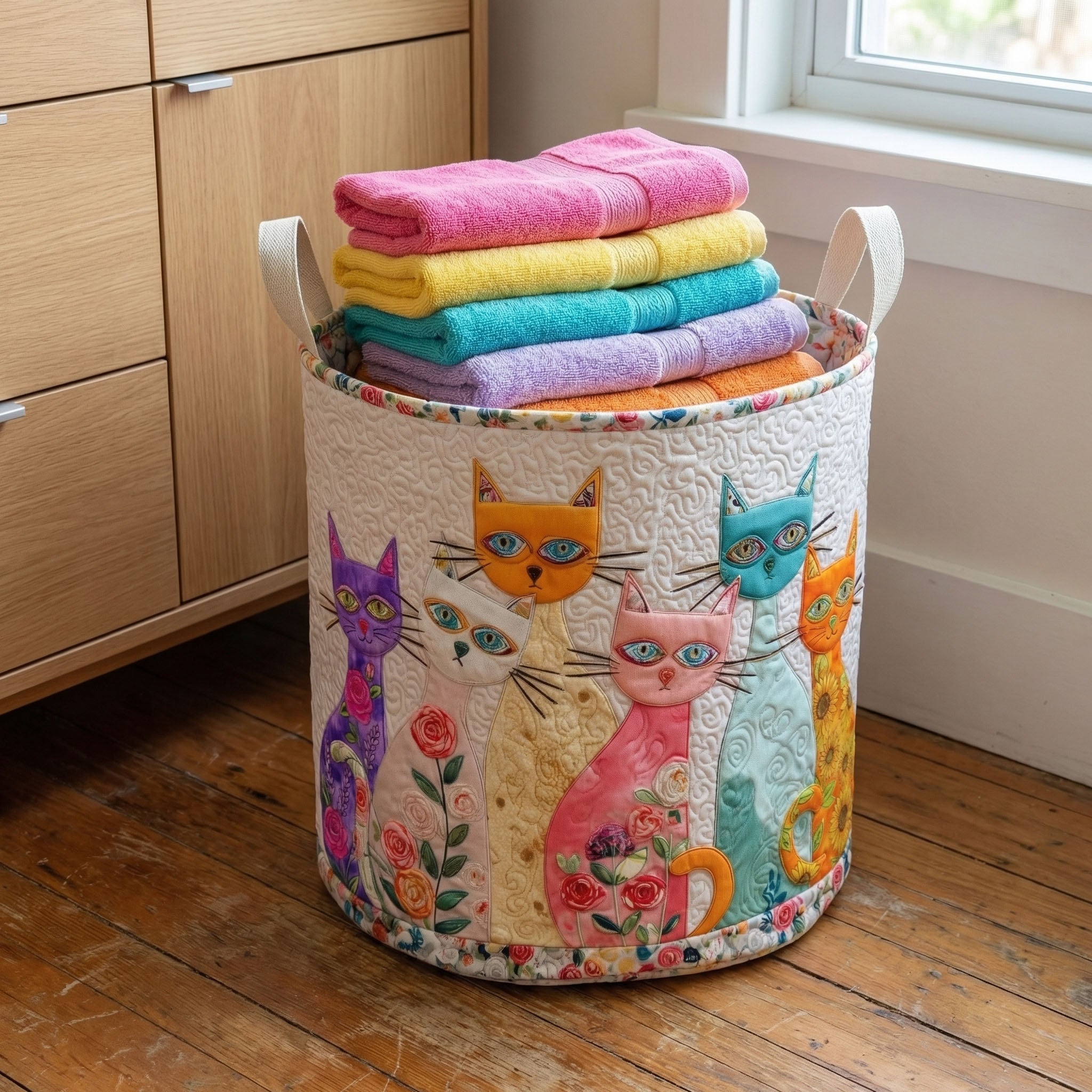 Canasta de ropa acolchada con estampado gatos alegres en patchwork