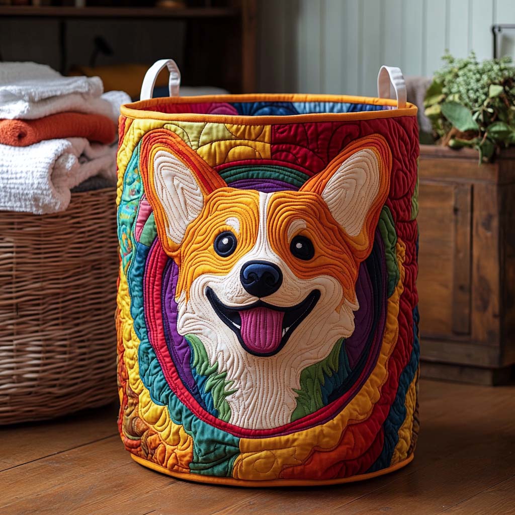 Canasta de ropa acolchada con estampado corgis coloridos