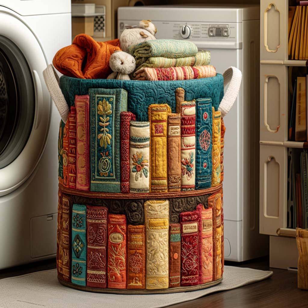 Canasta de ropa acolchada con estampado biblioteca acogedora