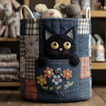 Canasta de ropa acolchada con estampado gato en denim