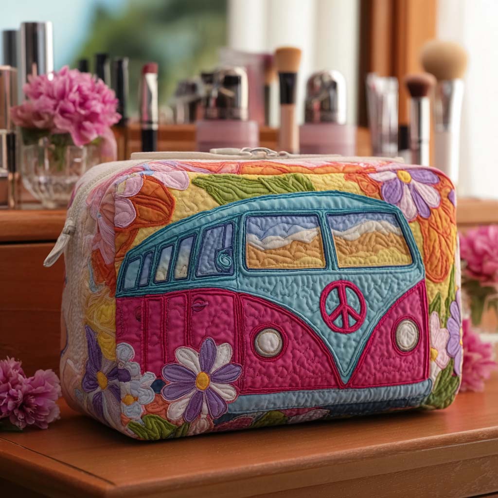 Cosmetiquera acolchada con estampado autobús de flores libres