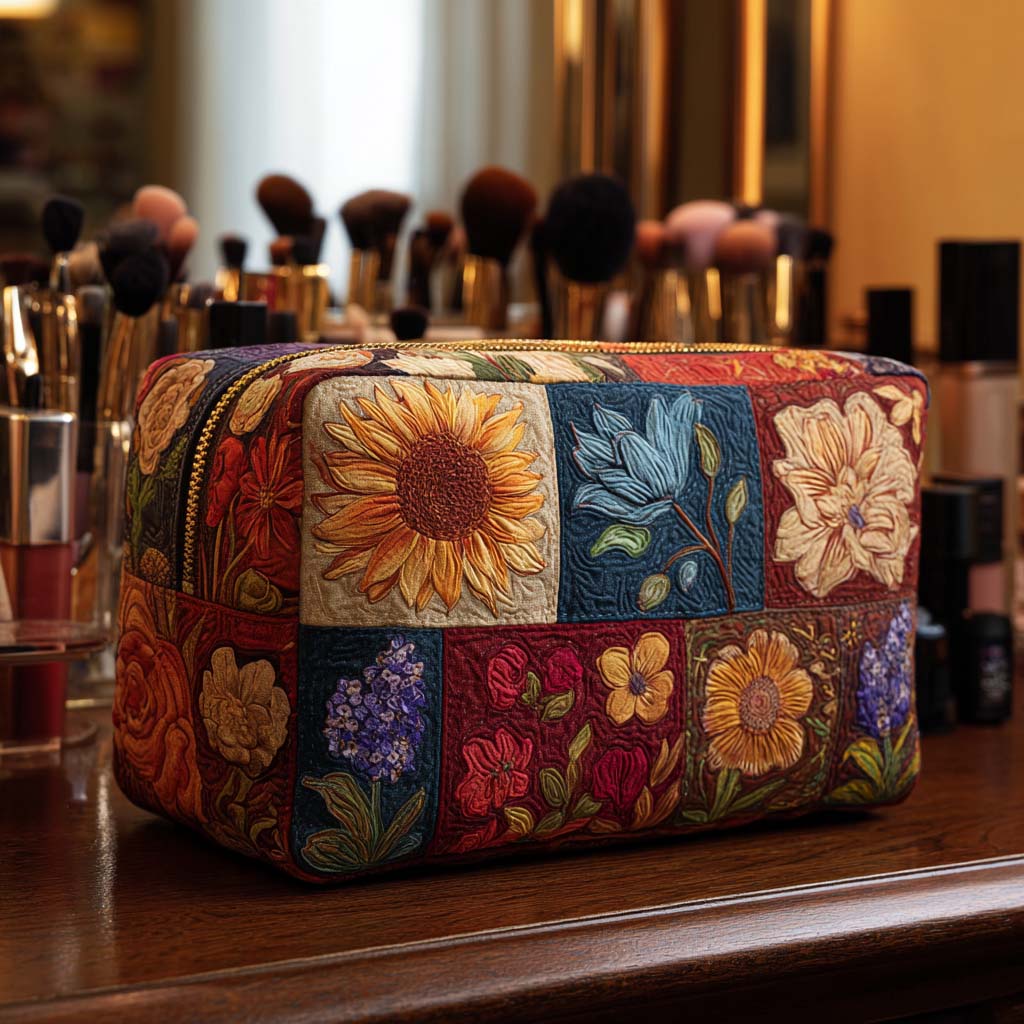 Cosmetiquera acolchada con estampado patchwork de flores