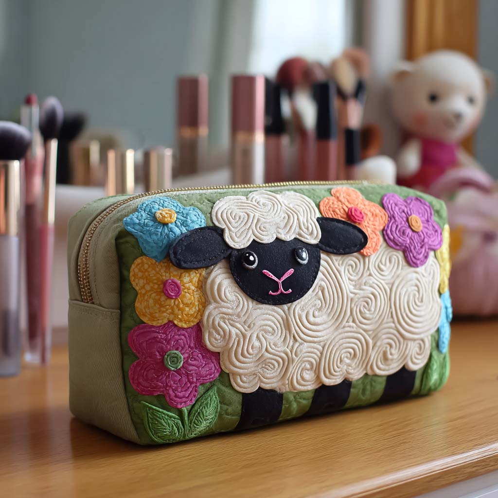 Cosmetiquera acolchada con estampado oveja con flores