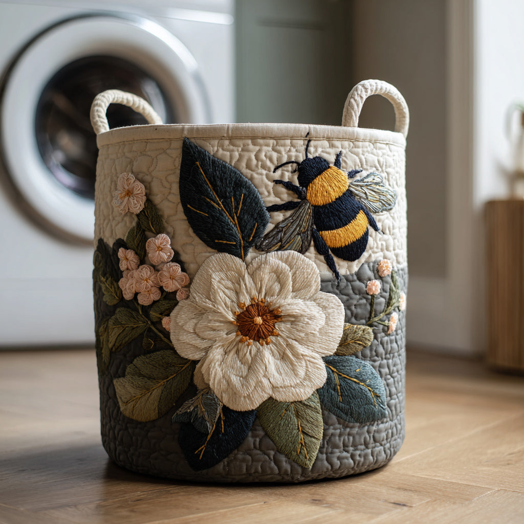 Canasta de ropa acolchada con estampado abeja y flor