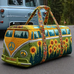 Bolso de viaje acolchado con estampado autobús hippie con girasoles
