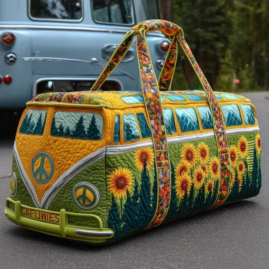 Bolso de viaje acolchado con estampado autobús hippie con girasoles