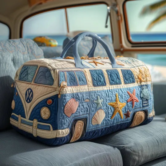Bolso de viaje acolchado con estampado hippiebus en la playa