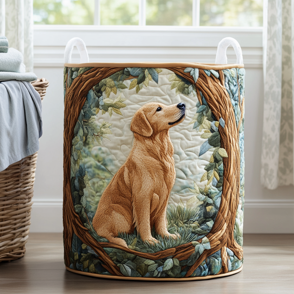 Canasta de ropa acolchada con estampado golden retriever en el campo