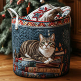 Canasta de ropa acolchada con estampado gato con libro de navidad