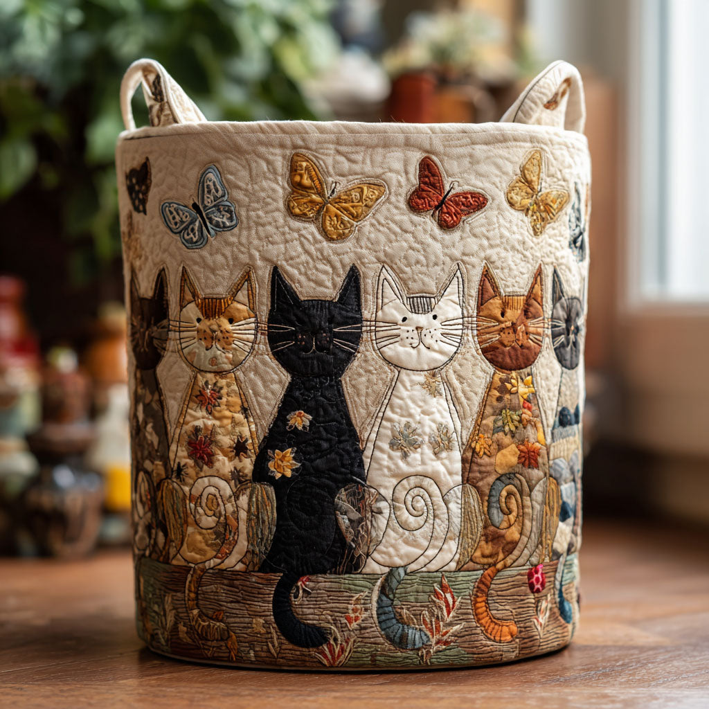 Canasta de ropa acolchada con estampado el hogar de los gatos