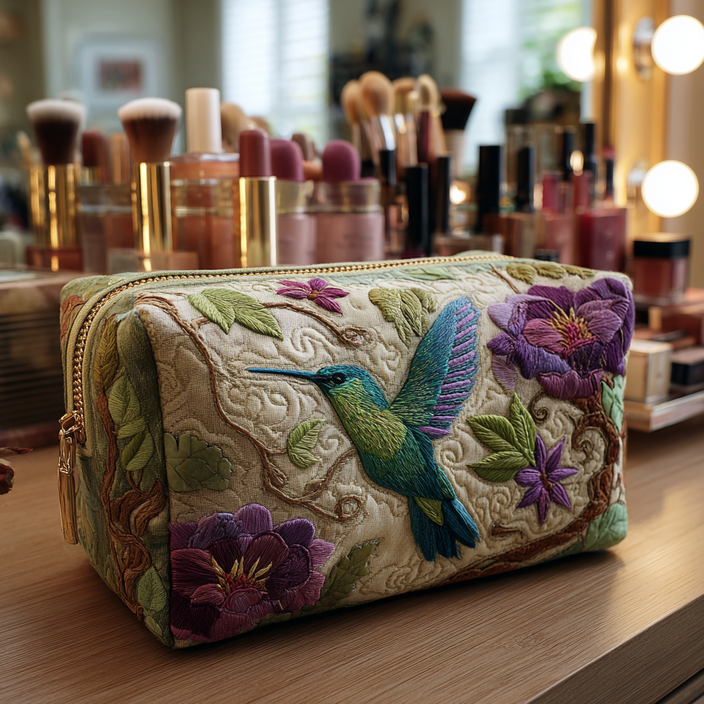 Cosmetiquera acolchada con estampado brillo de colibrí