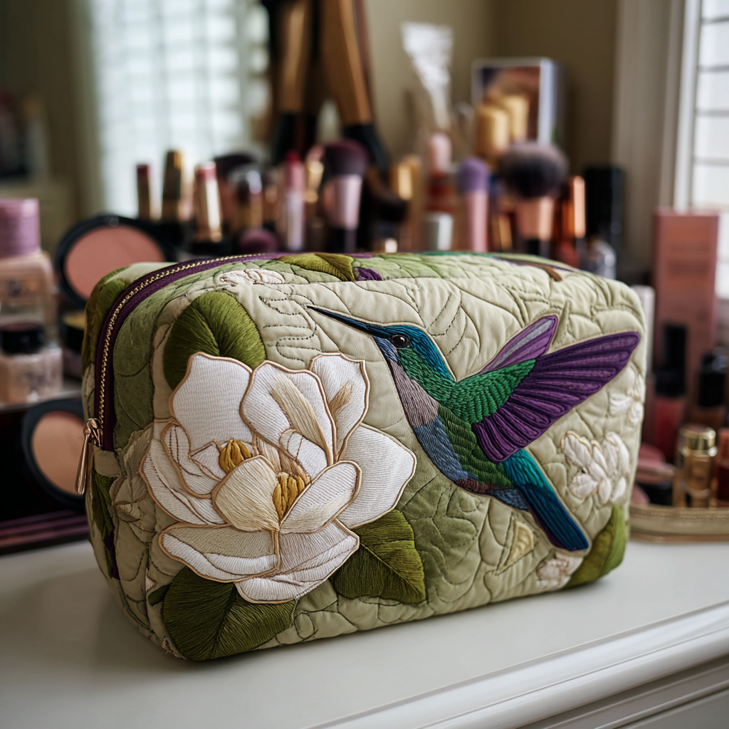 Cosmetiquera acolchada con estampado pradera de colibríes