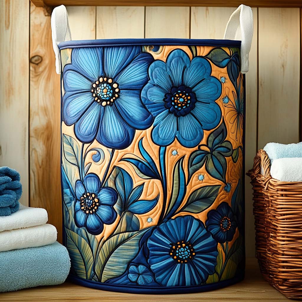 Canasta de ropa acolchada con estampado flores de índigo