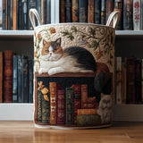 Canasta de ropa acolchada con estampado gato de biblioteca