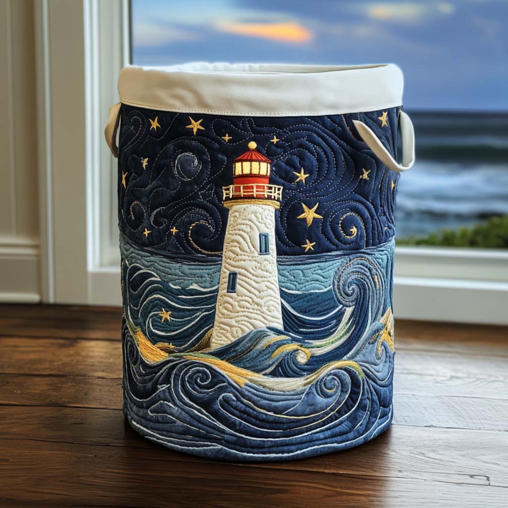 Canasta de ropa acolchada con estampado faro al atardecer