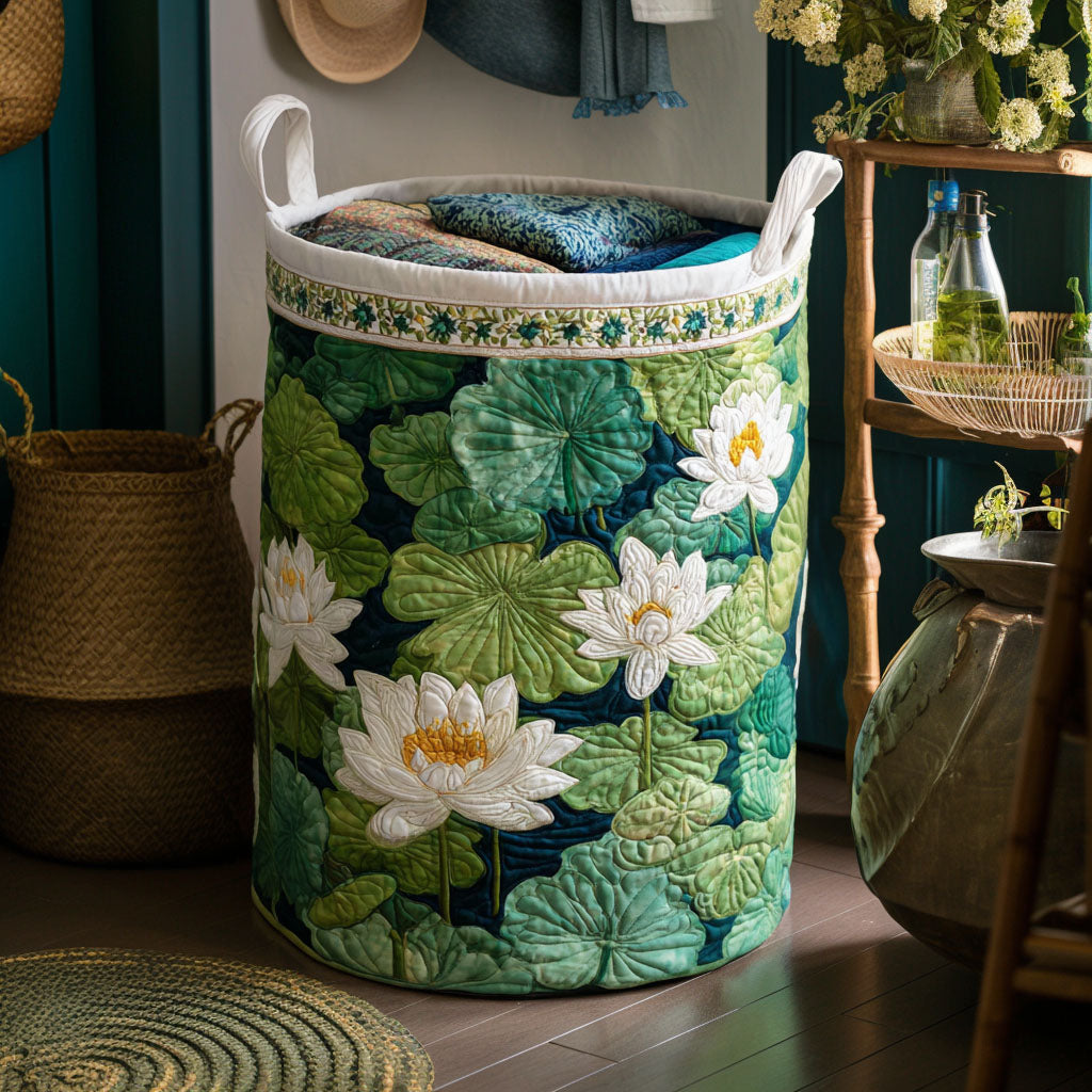 Canasta de ropa acolchada con estampado estanque de nenúfares