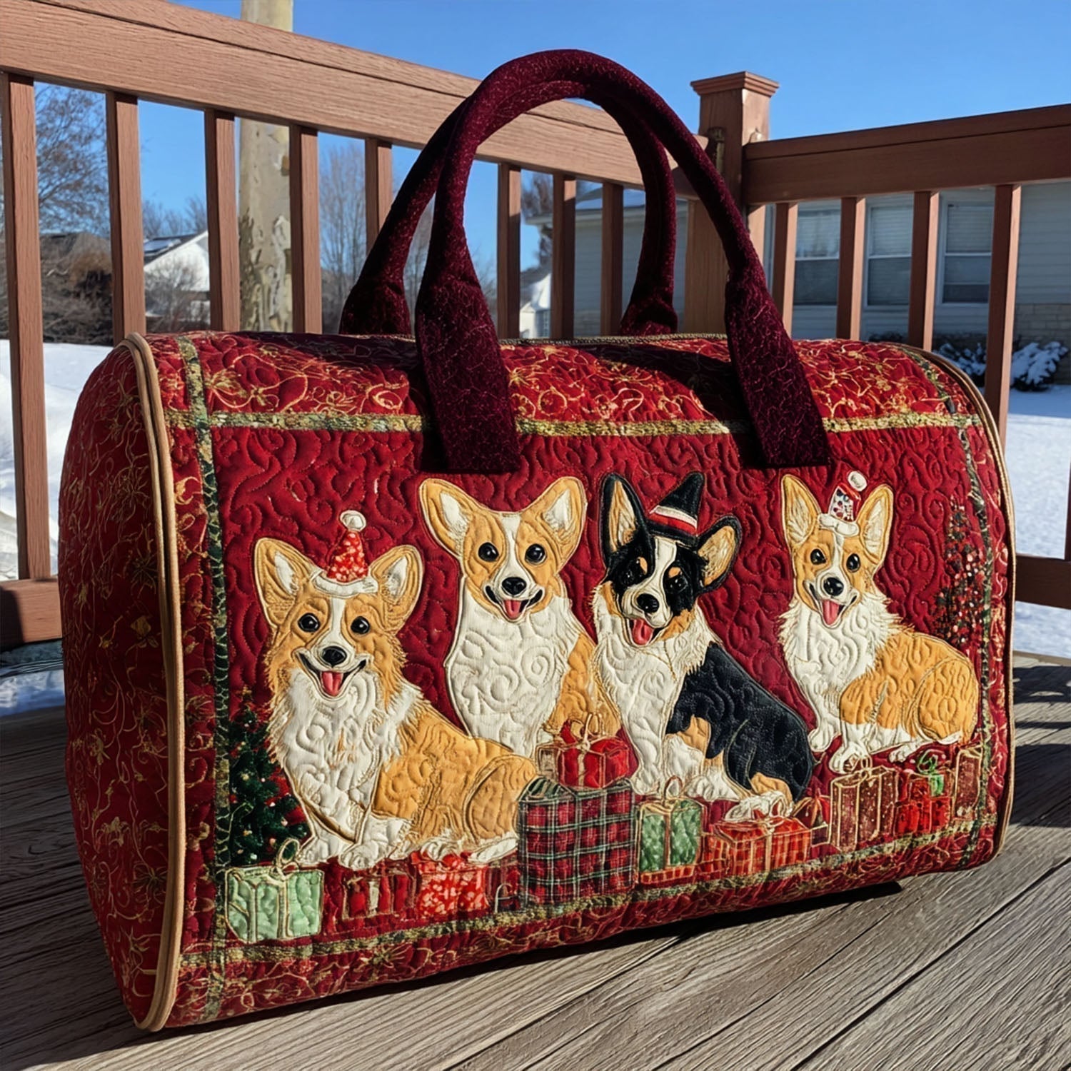 Bolso de viaje acolchado con estampado corgi navideño