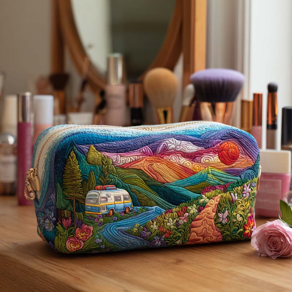 Cosmetiquera acolchada con estampado autobús de brillo de montaña