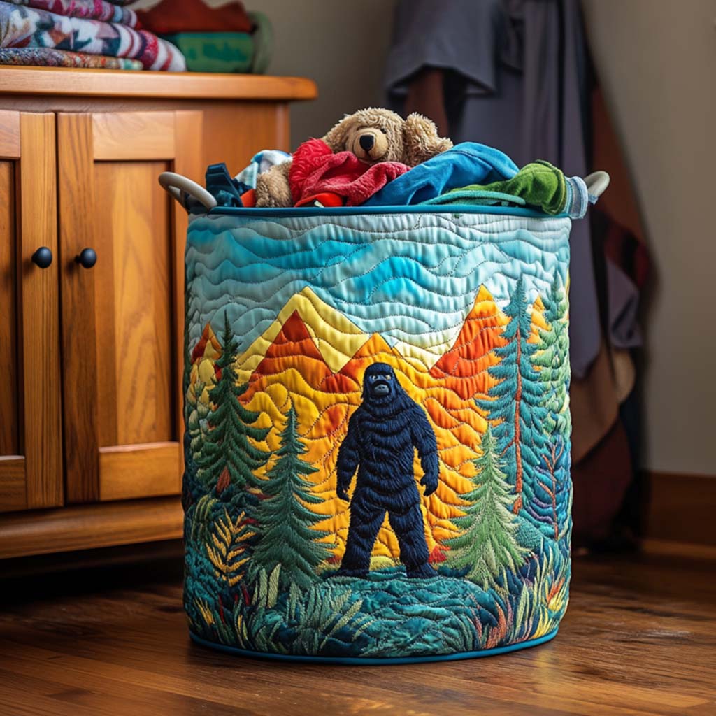 Canasta de ropa acolchada con estampado bigfoot en el sendero de la montaña