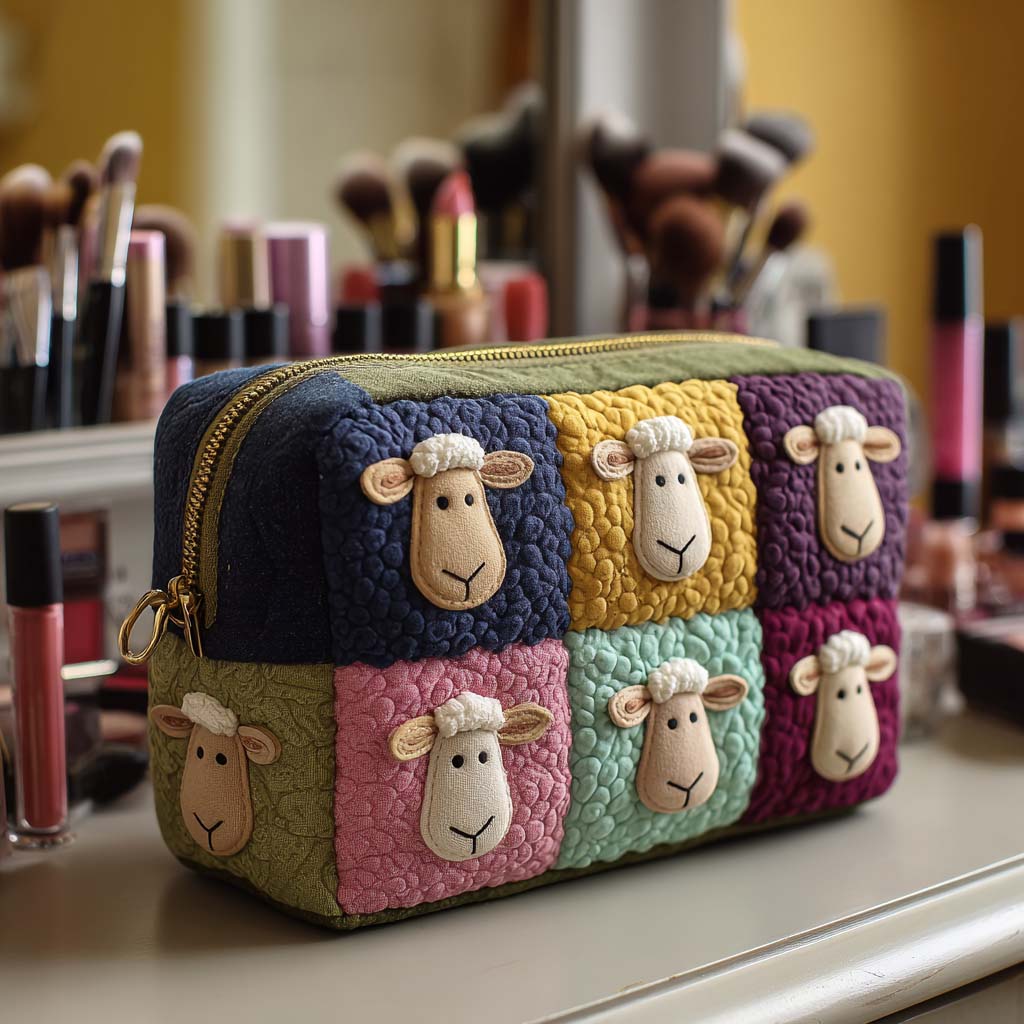 Cosmetiquera acolchada con estampado oveja de patchwork