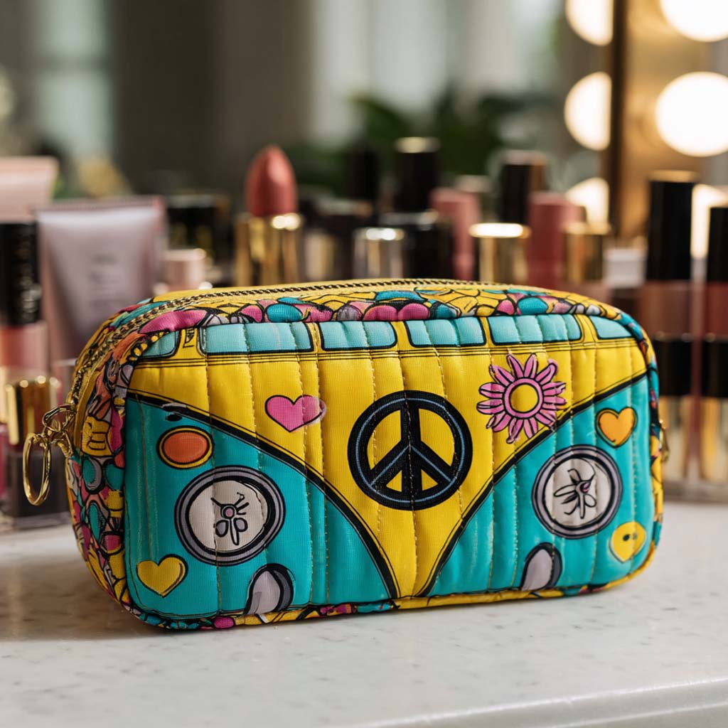Cosmetiquera acolchada con estampado gira de paz brillante