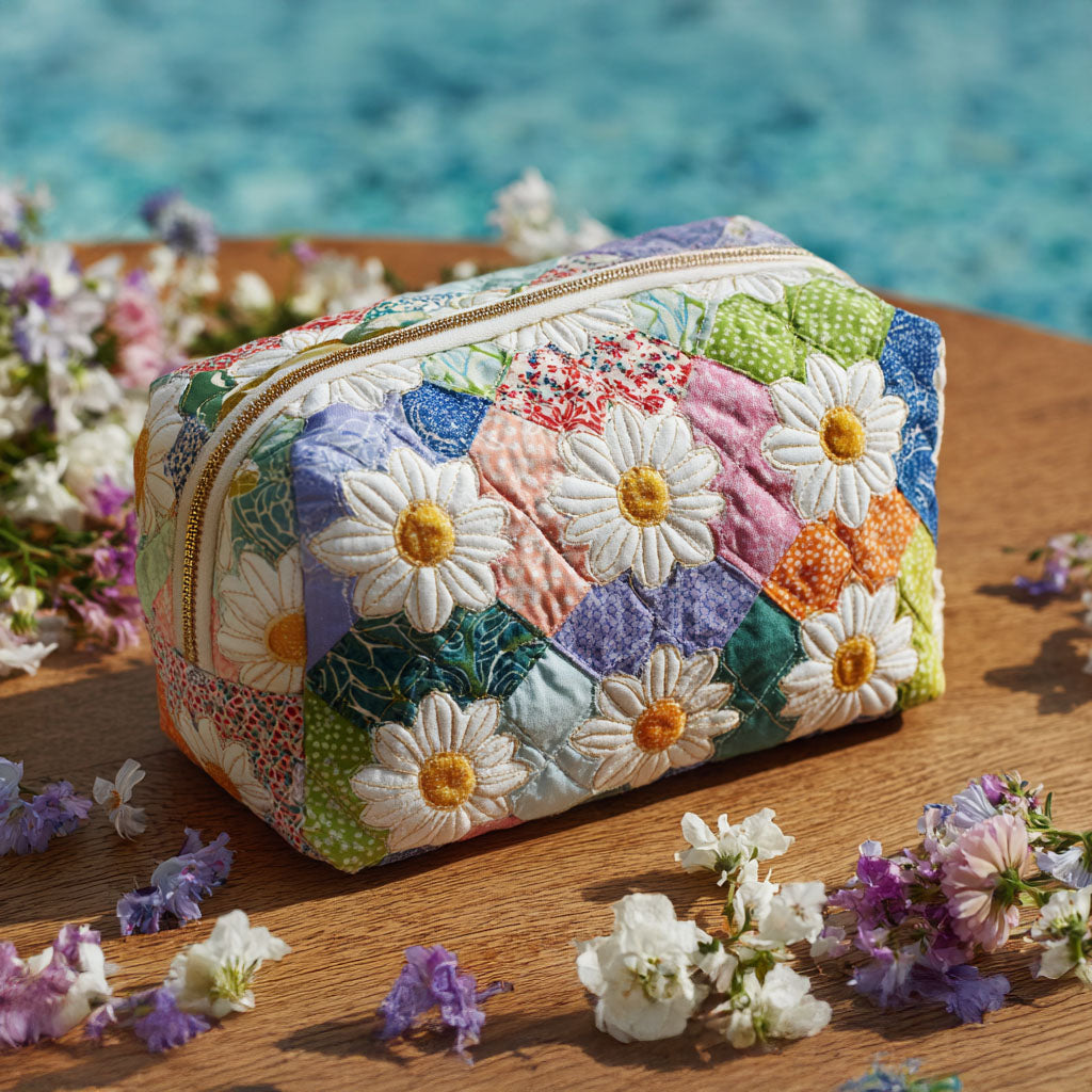 Cosmetiquera acolchada con estampado camino de pétalos