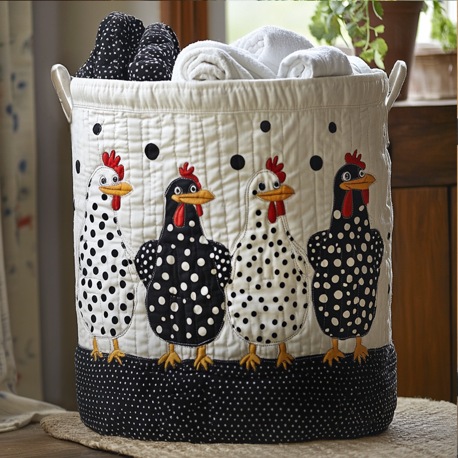 Canasta de ropa acolchada con estampado pollos con puntos