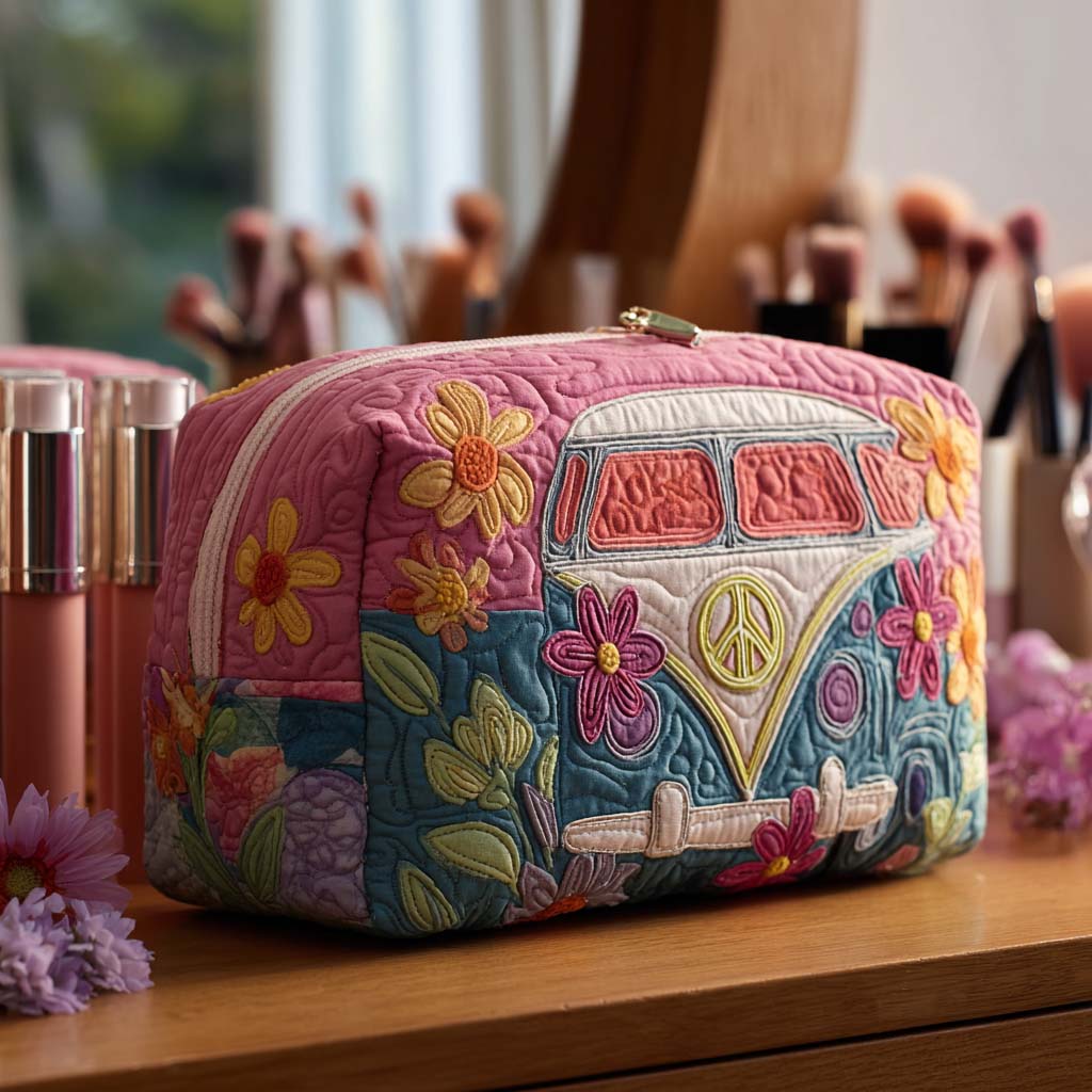 Cosmetiquera acolchada con estampado viaje de flores retro