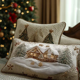 Funda de almohada acolchada con estampado cabaña bajo la nieve