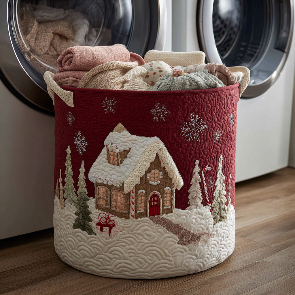Canasta de ropa acolchada con estampado casa nevadas