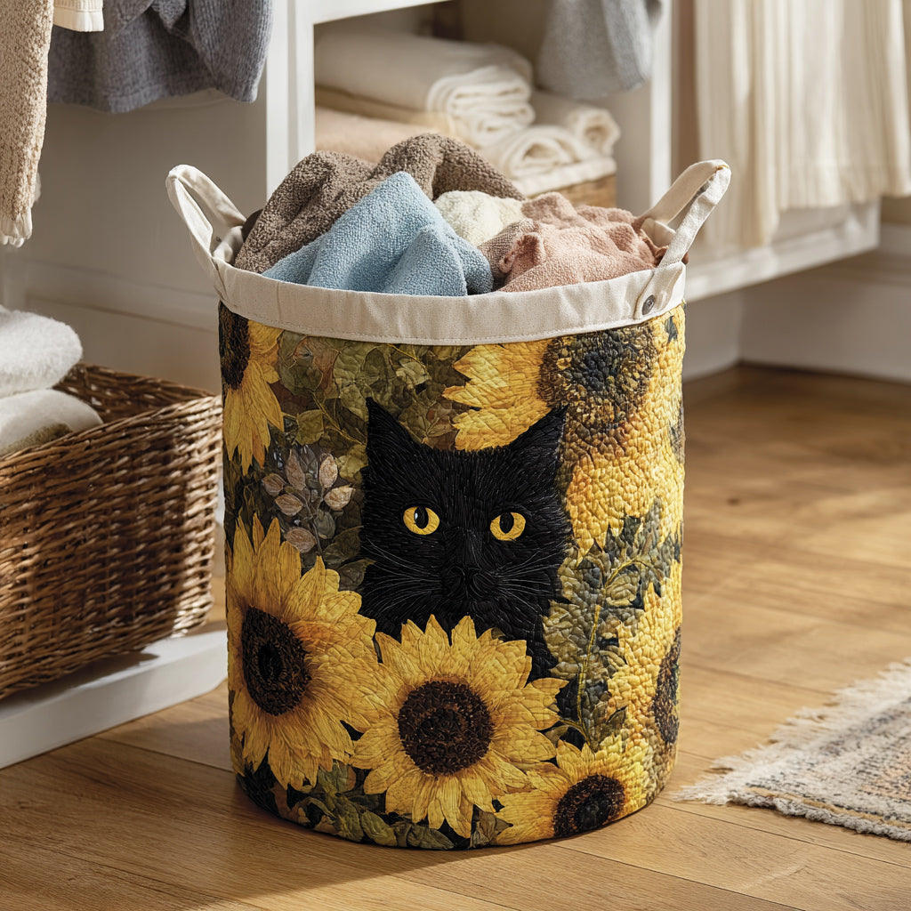 Canasta de ropa acolchada con estampado gato negro con girasoles