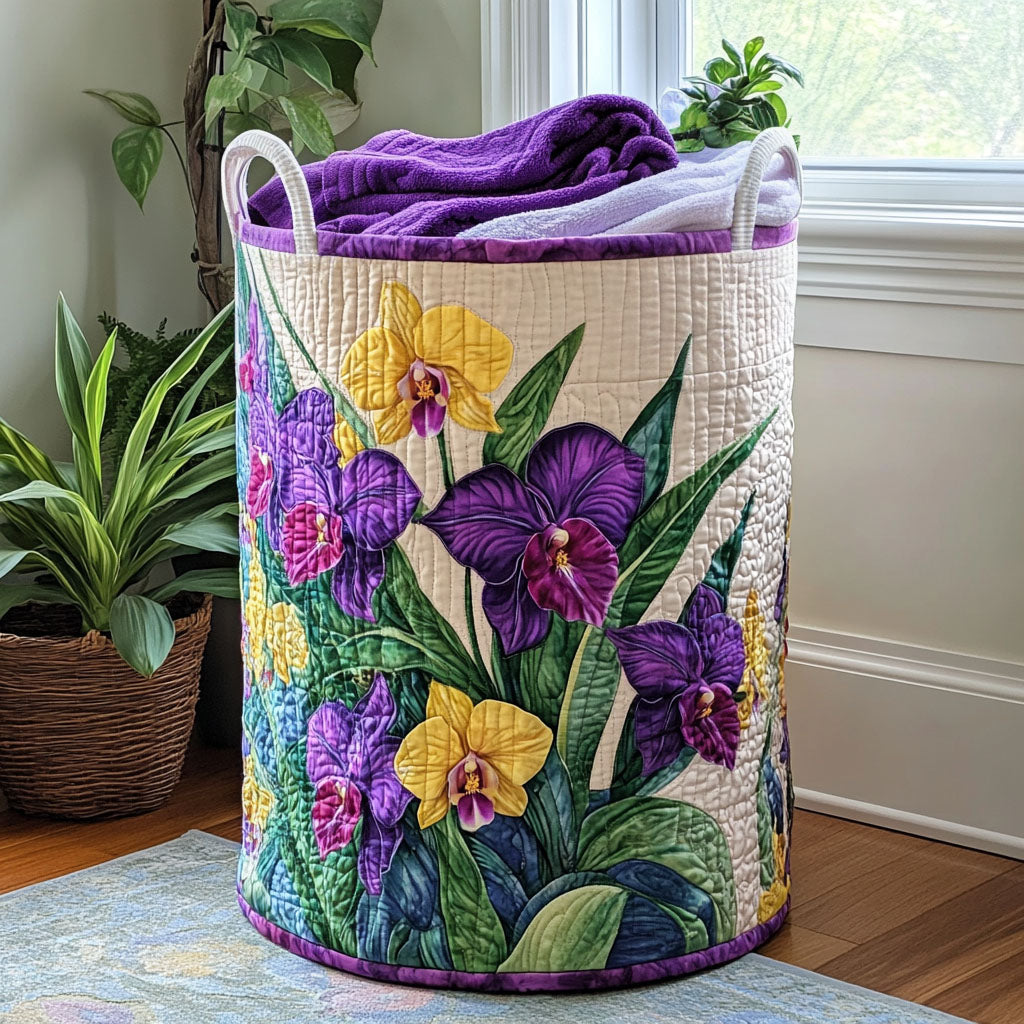 Canasta de ropa acolchada con estampado orquídeas al atardecer