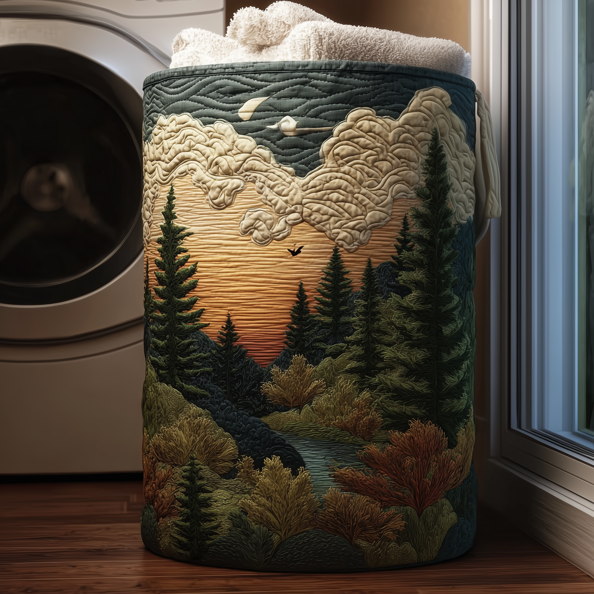 Canasta de ropa acolchada con estampado pinos al atardecer