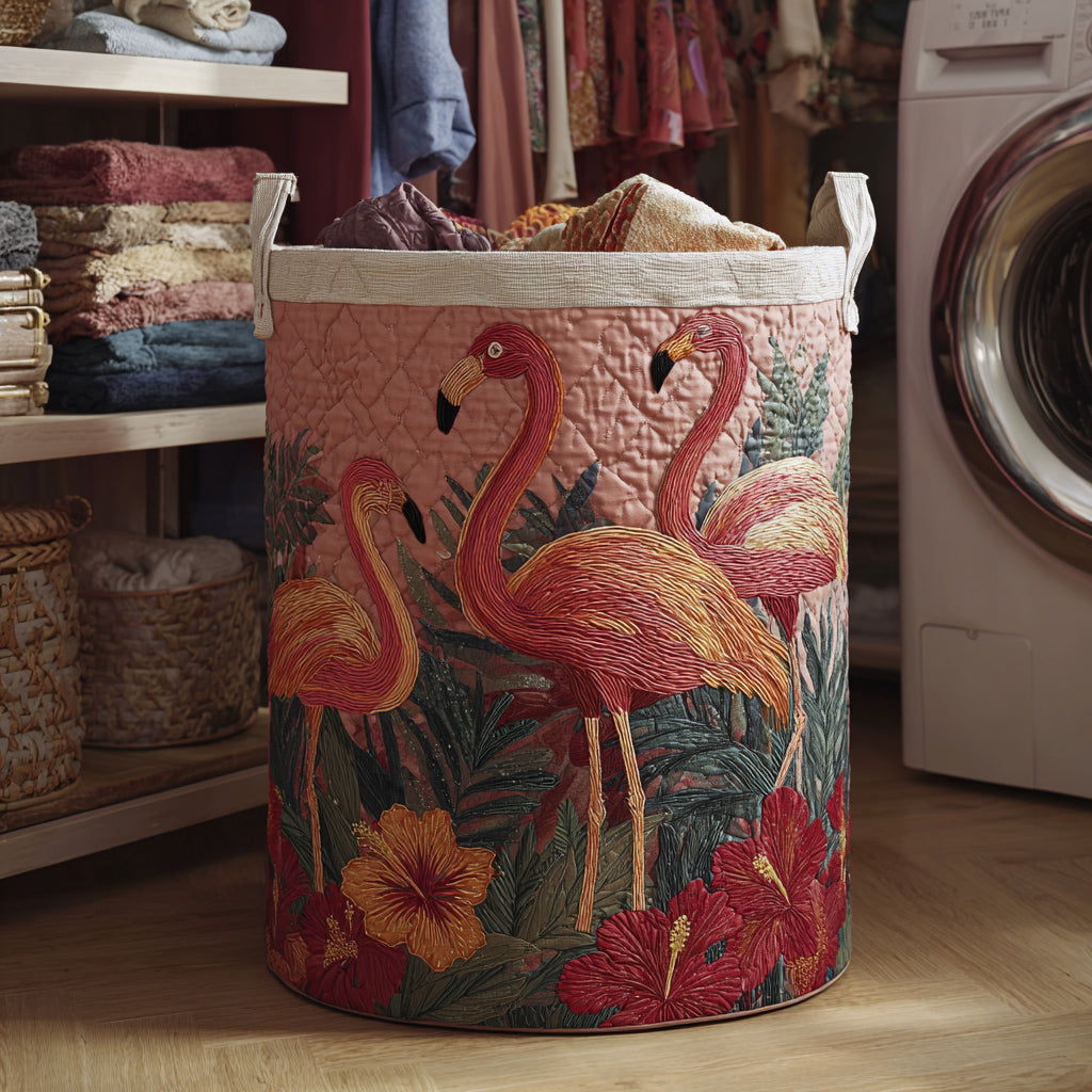 Canasta de ropa acolchada con estampado flamencos al sol