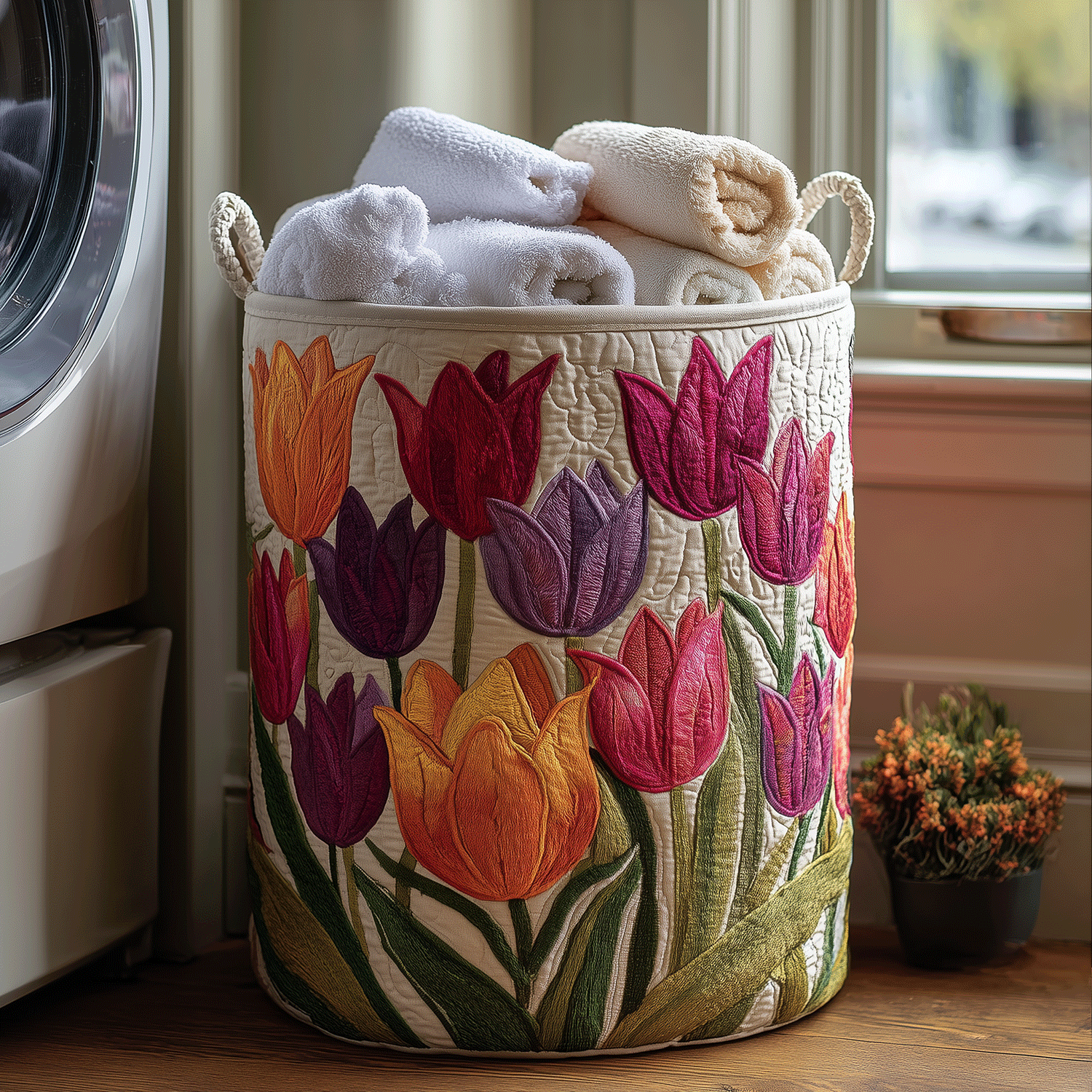 Canasta de ropa acolchada con estampado alegría de tulipanes