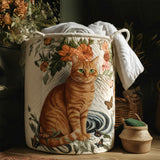 Canasta de ropa acolchada con estampado gato en amarillo cálido